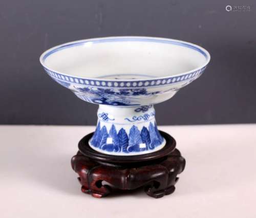 Chinese Late Qing B & W Porcelain Stem Bowl