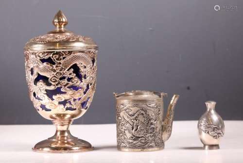 3pc Chinese Silver Dragon Urn Teapot Spice Bottle