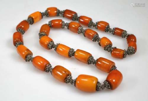 Chinese Amber & Silver Bead Necklace; 128G