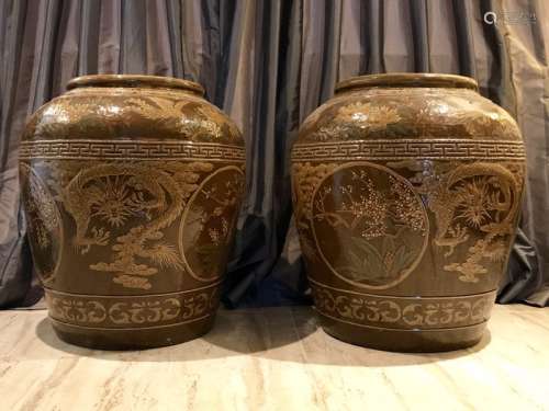Two Large Chinese Slip Decorated Dragon Ceramic Jars