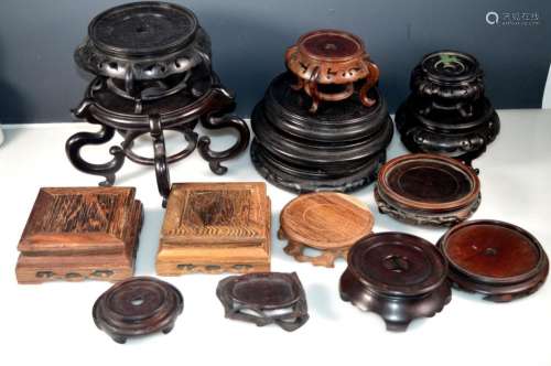 16 Chinese Hardwood Stands; Mostly Rounds