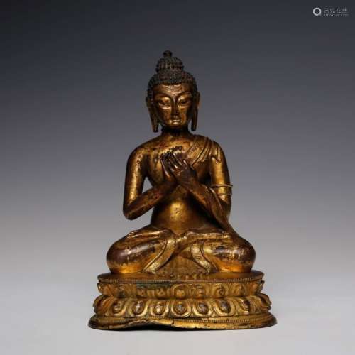 Tibetan 18/19 C Gilt Bronze Buddha; Lotus Throne