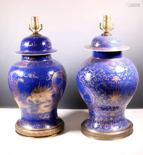 Two Qing Dynasty Blue Glazed Porcelain Jars w Gold