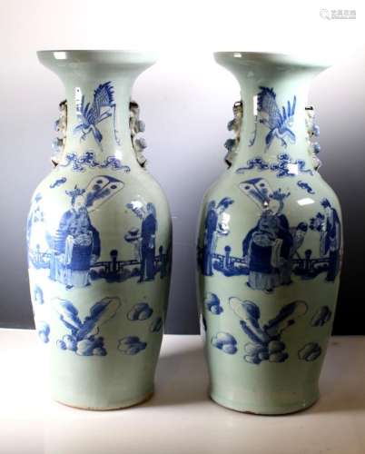 Pr Chinese B & W over Celadon Porcelain Vases