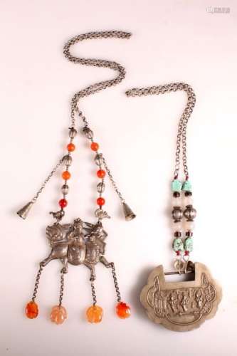 -2 Chinese Silver Pendants on Chains w Hardstones