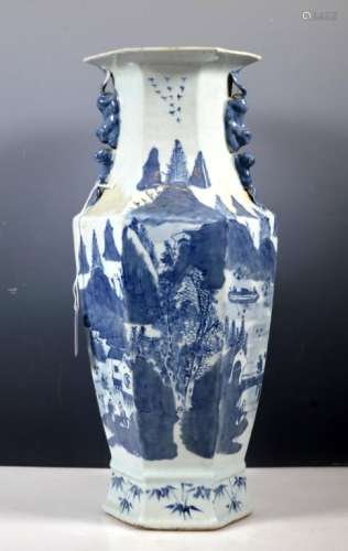 Chinese Qing Underglaze Blue Painted Hexagon Vase