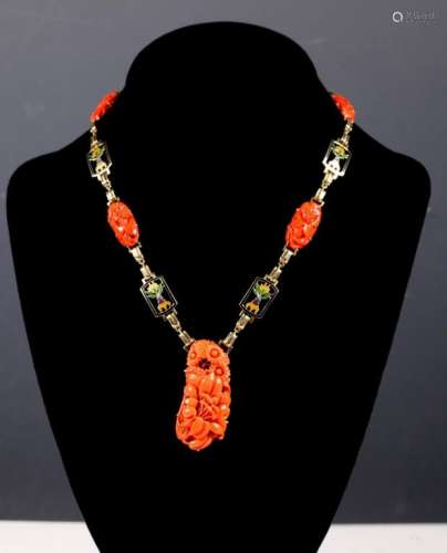 Carved Coral, 14K Yellow Gold Enamel Necklace