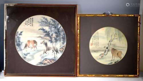 2 Chinese Round Paintings; Water Buffalo & Horses