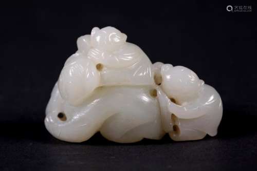 Chinese Carved White Jade Father & 2 Boy Toggle