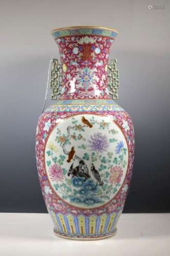 Lg Chinese Famille Rose Porcelain Ruby Ground Vase