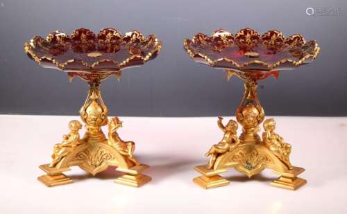 Pr. 19 C European Gilt Bronze Ruby Glass Compotes