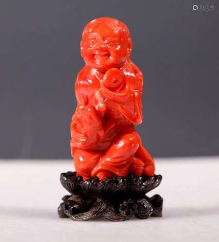 Qing Chinese Carved Dark Coral Liuhai & Frog; 34G