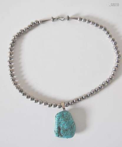 Natural Turquoise Nugget on a Silver Bead Necklace