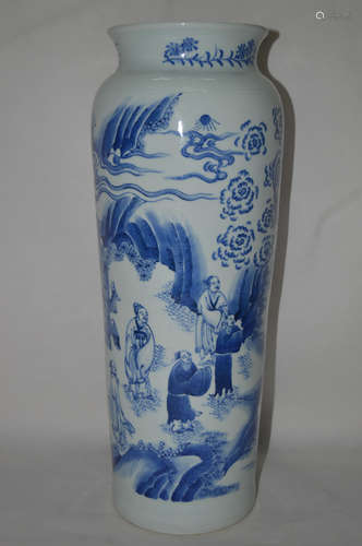 A BLUE&WHITE LANDSCAPE CHARACTERS FIGURES PAINTED ARROW CONTAINER