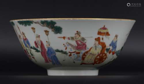 Chinese Wucai figure and landscape porcelain bowl with gilt rim Jiaqingmark