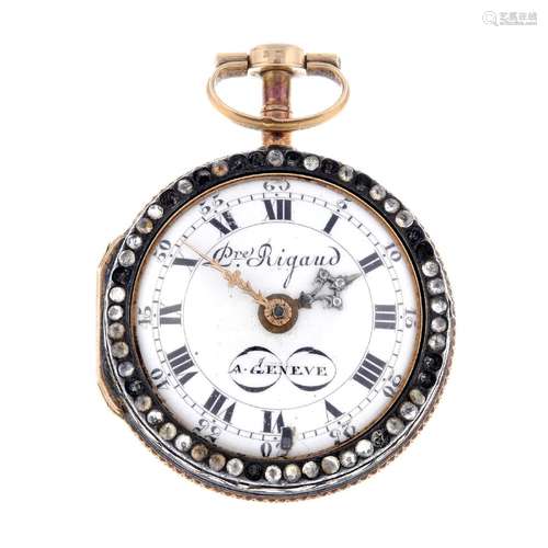 A pair case pocket watch by Rigaud. Yellow metal cases,