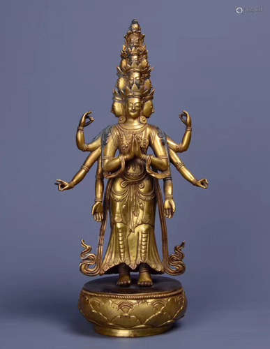 QING GILT BRONZE GUANYIN STAND FIGURE