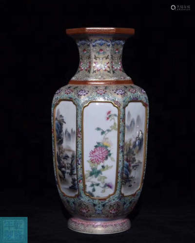 A FAMILLE-ROSE OCTAGONAL VASE WITH QIANLONG MARK