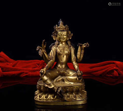 GOLD-PLATED BRONZE GUANYIN FIGURE