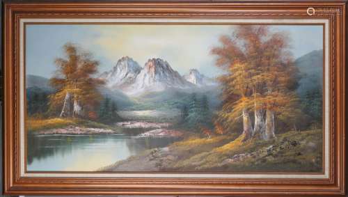 European Large Horizontal Oil on Canvas Painting