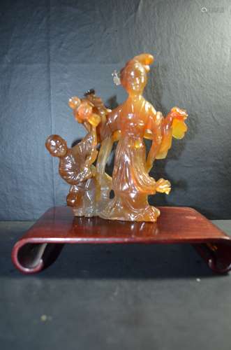 Antique Chinese Carved Agate Statue Of Lady & Boy