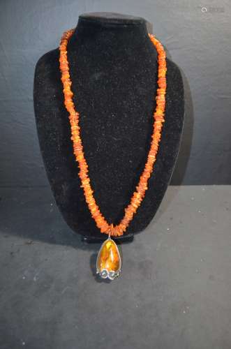 19th C. Chinese Amber Necklace w/ Silver