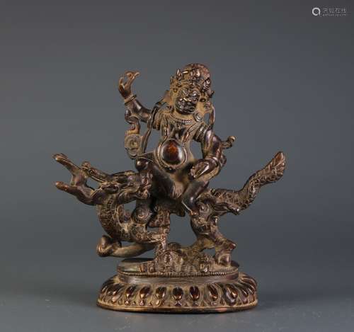 Chinese Bronze Buddha Riding Dragon Like Beast