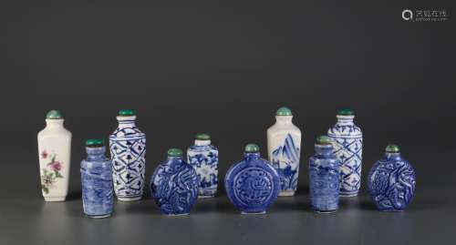 Group of Ten Chinese Blue/White Snuff Bottles