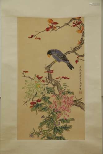 Chinese Flower & Birds Scroll Painting