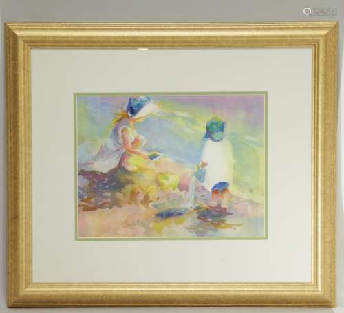 Watercolor Framed of Children on Beach Scene
