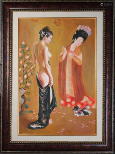 Chinese Oil on Canvas of Two Girl one Nude