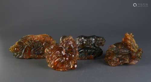 4 Pieces of Chinese Carved Amber of Mythical Beast