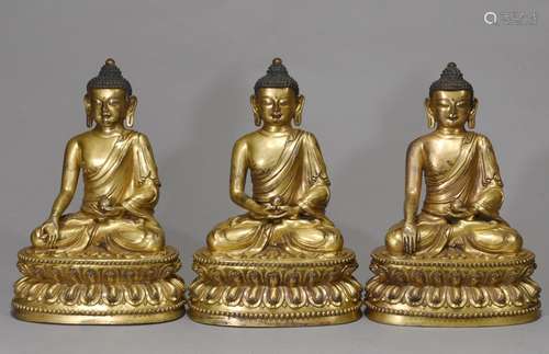 Set of 3 Pieces Chinese Gilt Bronze Buddha