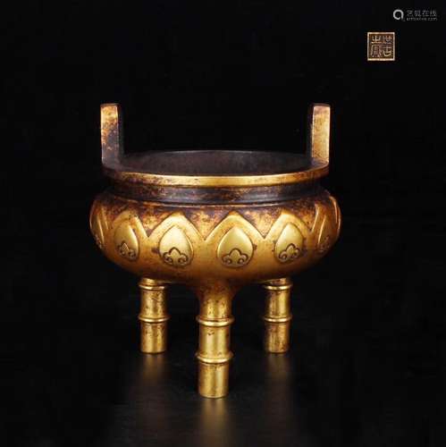 Chinese Gilt Bronze Tripod Incense Burner