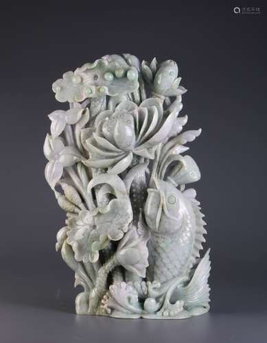 Chinese Jadeite Carving of Fish and Lotus