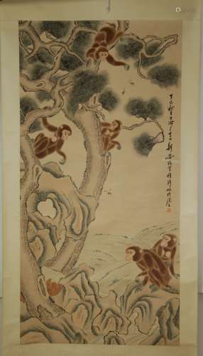 Chinese Monkey & Tree Scroll Painting