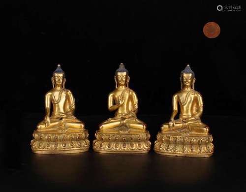 Set 3 Pieces Chinese Gilt Bronze Buddha