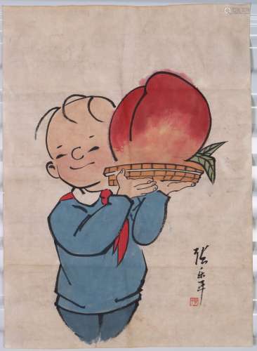 Chinese Watercolor Painting on Paper of a Boy