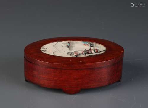 Chinese Wood Box w/ Image, Signed