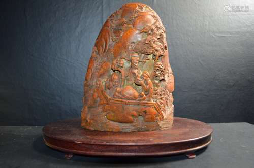 Chinese Carved Soapstone Boulder of Old Men