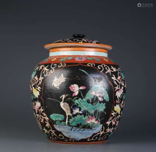 Chinese Black Glazed Porcelain Cover Jar