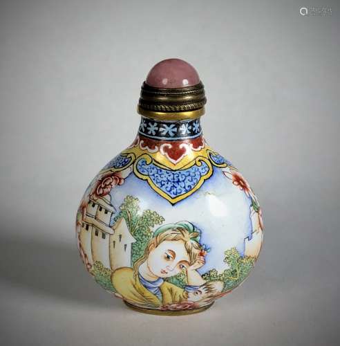 Cloisonne Painted Snuff Bottle with Top  and Mark