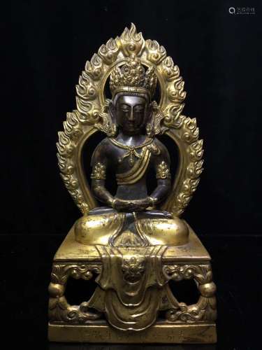 Gilt Bronze Figure of Buddha on Throne with Characters
