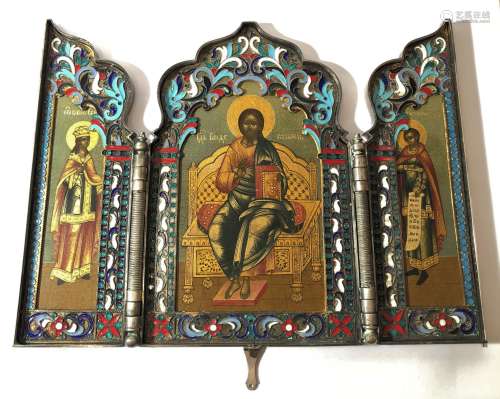 Russian Imperial Silver 84 Enamel Travel Triptych Icon
