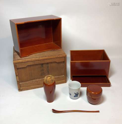 Tea Serving Set in Red Lacquer Storage Box