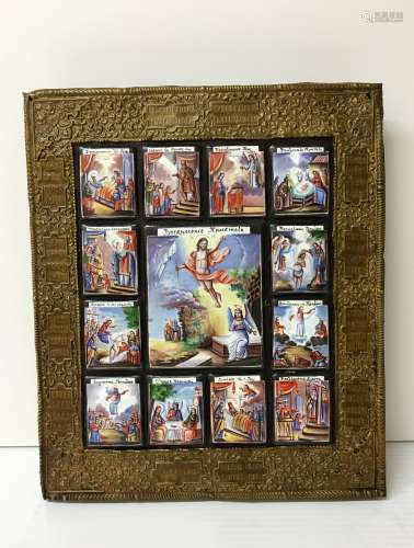 19th C Russian Icon 13 miniature Scenes  on Copper
