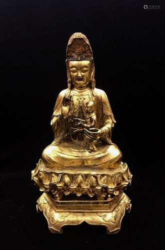 A Large Gilt Bronze Figure Of Guan & Child