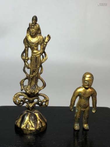 Gilt Bronze Figure of GuanYin and Small Man