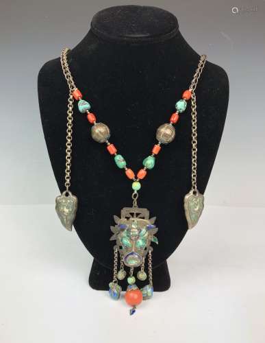 Coral and Turquoise on Silver Chain Necklace