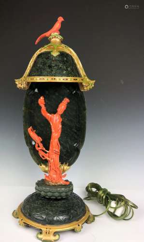 Edward Farmer Style Coral & Green Jade Guan Yin Lamp